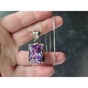 925 Sterling Silver Faceted Purple Glass Rectangular Shaped Pendant Necklace
